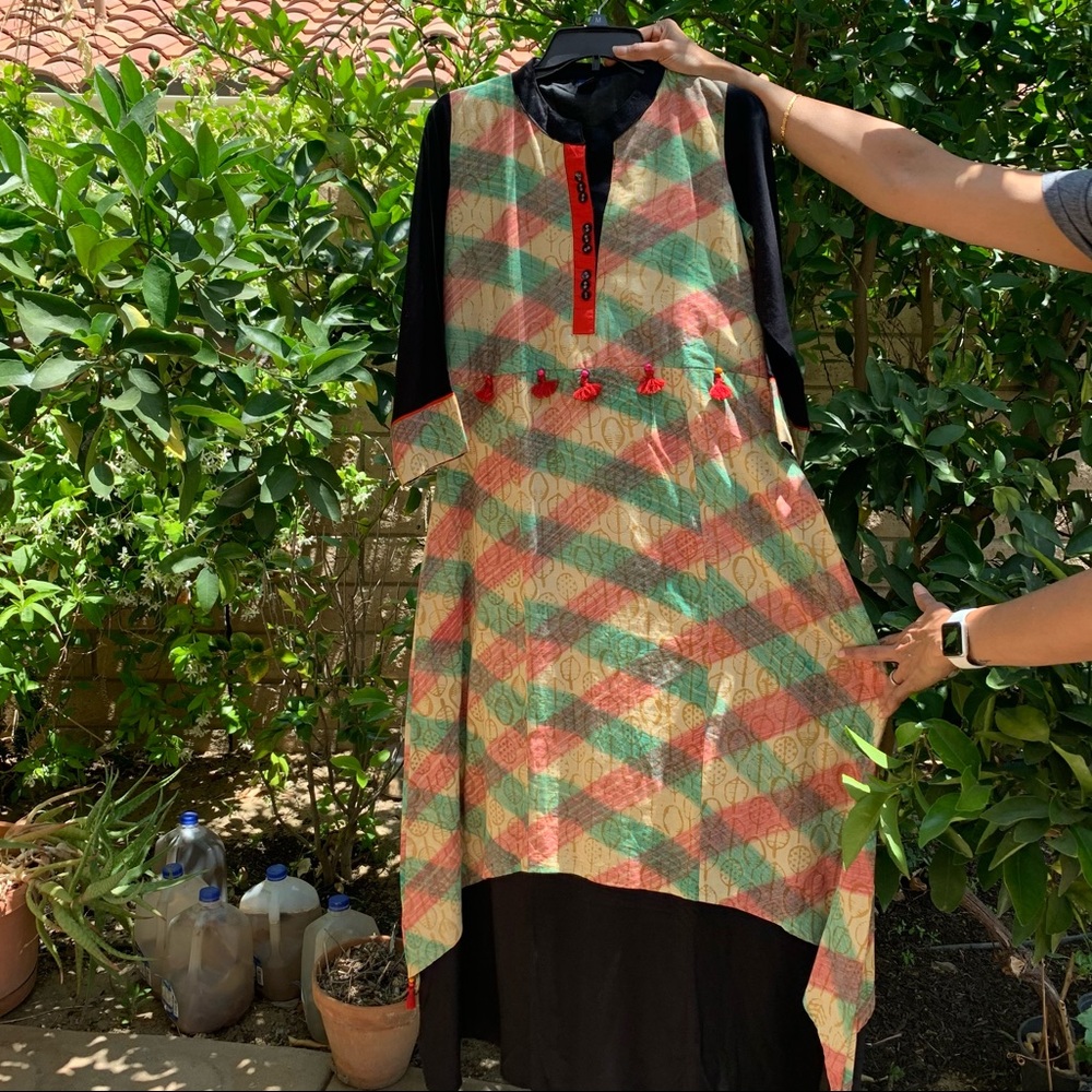 Indian printed maxi dress with buttons and tassles